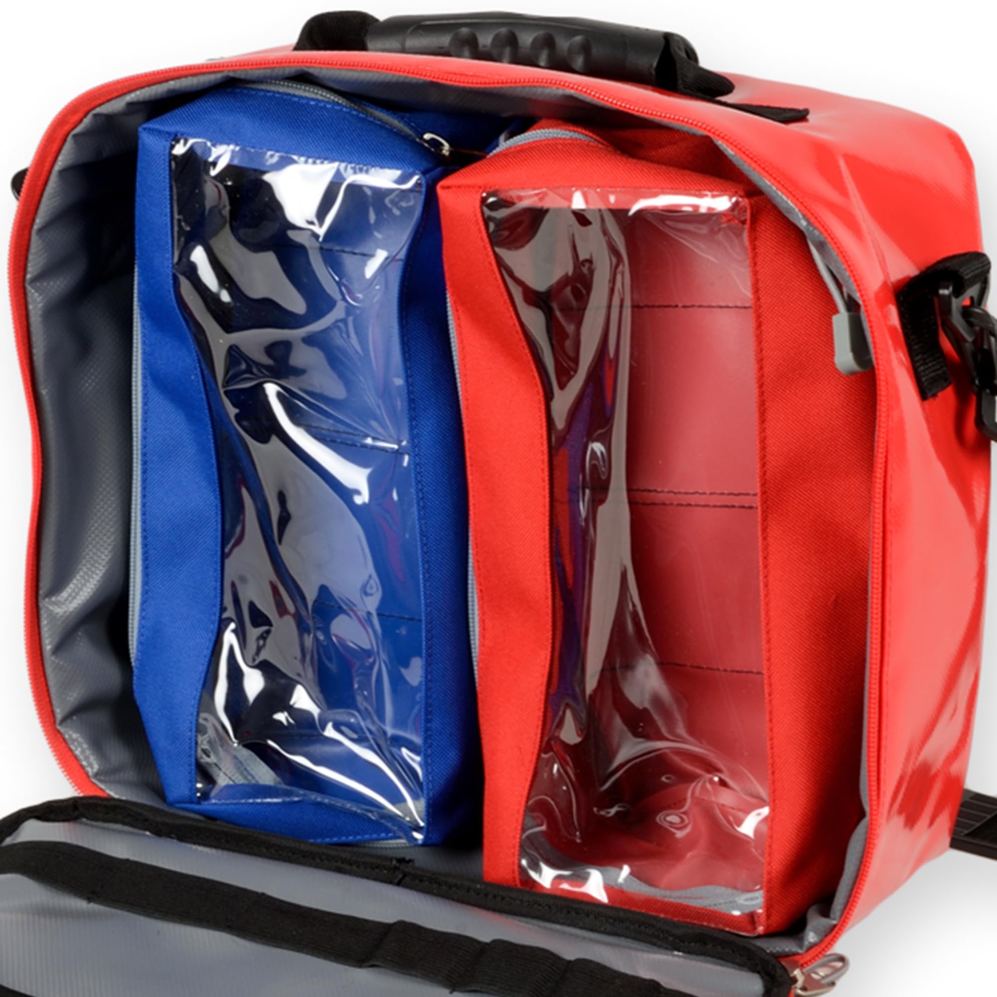GIMA Sac d'urgence CUBO pour sauveteurs vide, en polyester, revêtu de PVC, couleur rouge, dimensions 28 x 34 x 13 cm, avec bandoulière, poche zippée intérieure et extérieure et 2 sacs à main amovibles