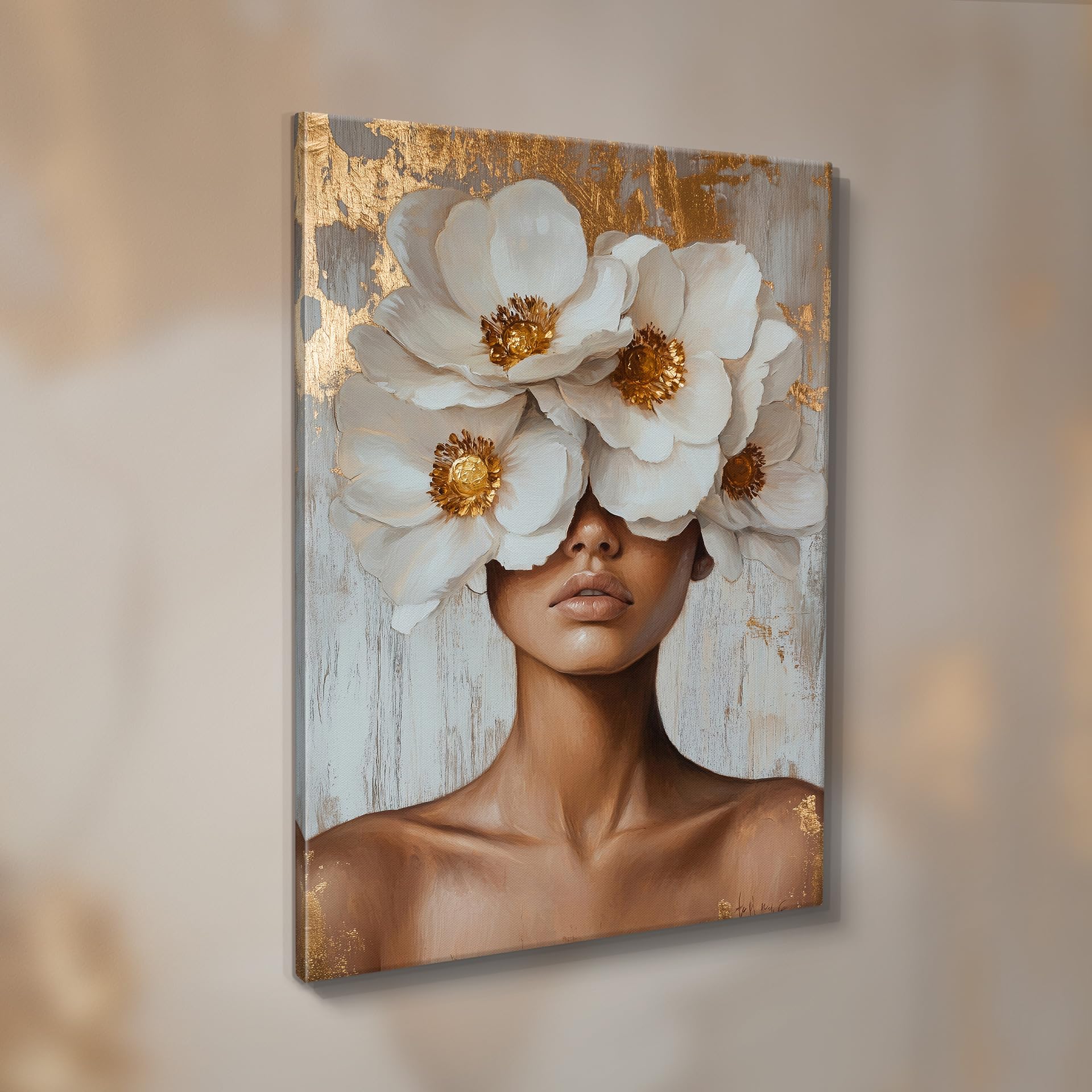 STYLER Henriette Płótno ścienne 70 x 100 cm (gotowe do powieszenia) Ekspresyjny portret I Kobieta z białymi kwiatami na złotym tle I Sztuka ścienna salon sypialnia przedpokój biuro