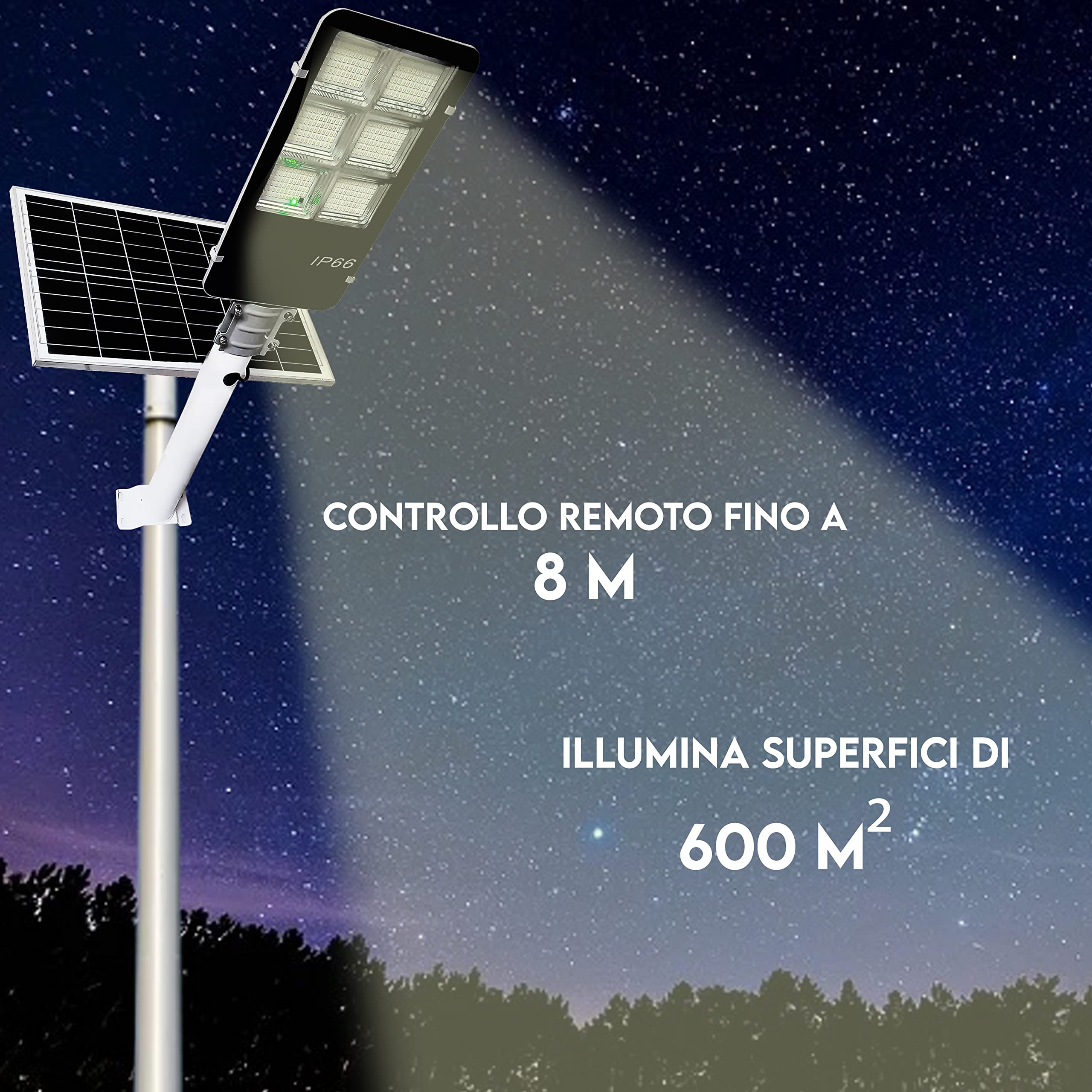 MAKA Lampione con Pannello Solare Monocristallino Led Esterno con Palo Telecomando Leds Impermeabile Ip66 Faro Luce Fredda 6500K 12 Ore Autonomia Sensore Crepuscolare Stradale Giardino (400W)