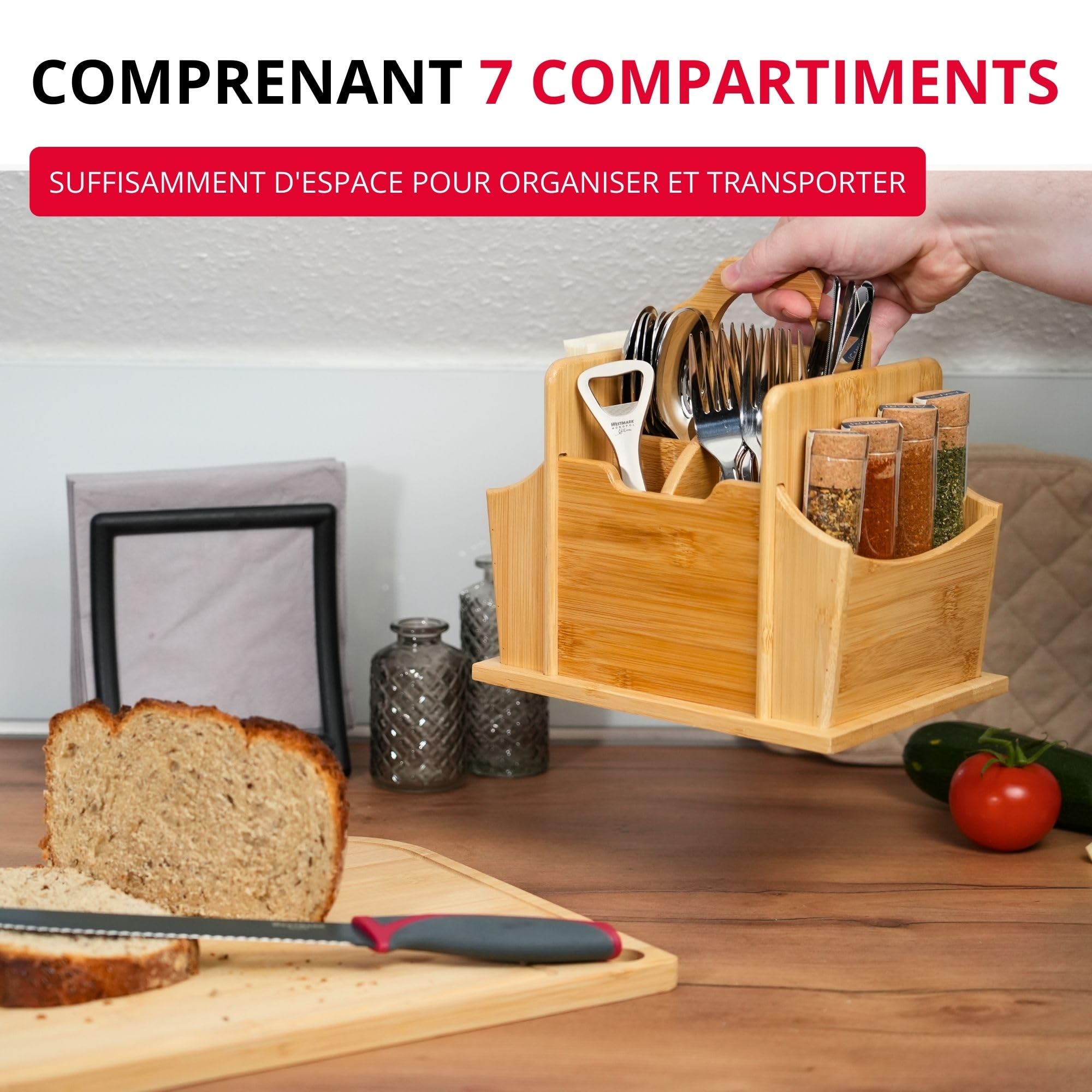 Westmark Tischbutler Tapas + Friends - Practical Table Organizer with 7 Compartments - Cutlery Basket and Napkin Holder - Utensil Holder for Dining Table and Party - Bamboo