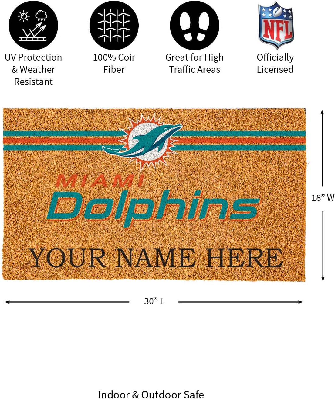 Team Sports America NFL Miami Dolphins Personalized Coir Door Mat, 18 x 30 Inches Custom Name Doormat with Non Slip Back, Front Door Welcome Mats