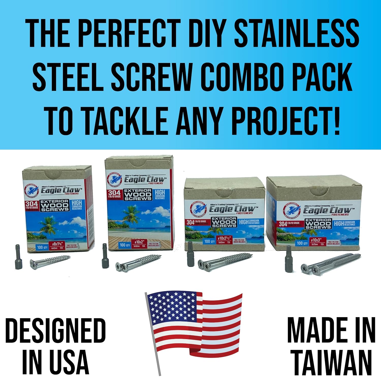 Eagle Claw Fasteners Stainless Steel Wood Screws Assortment Kit | Torx Assorted Wood Screws Set for DIY Woodworking Projects | 400 Piece Small Screw Assortment, Includes Drivers & Carpenter's Pencil