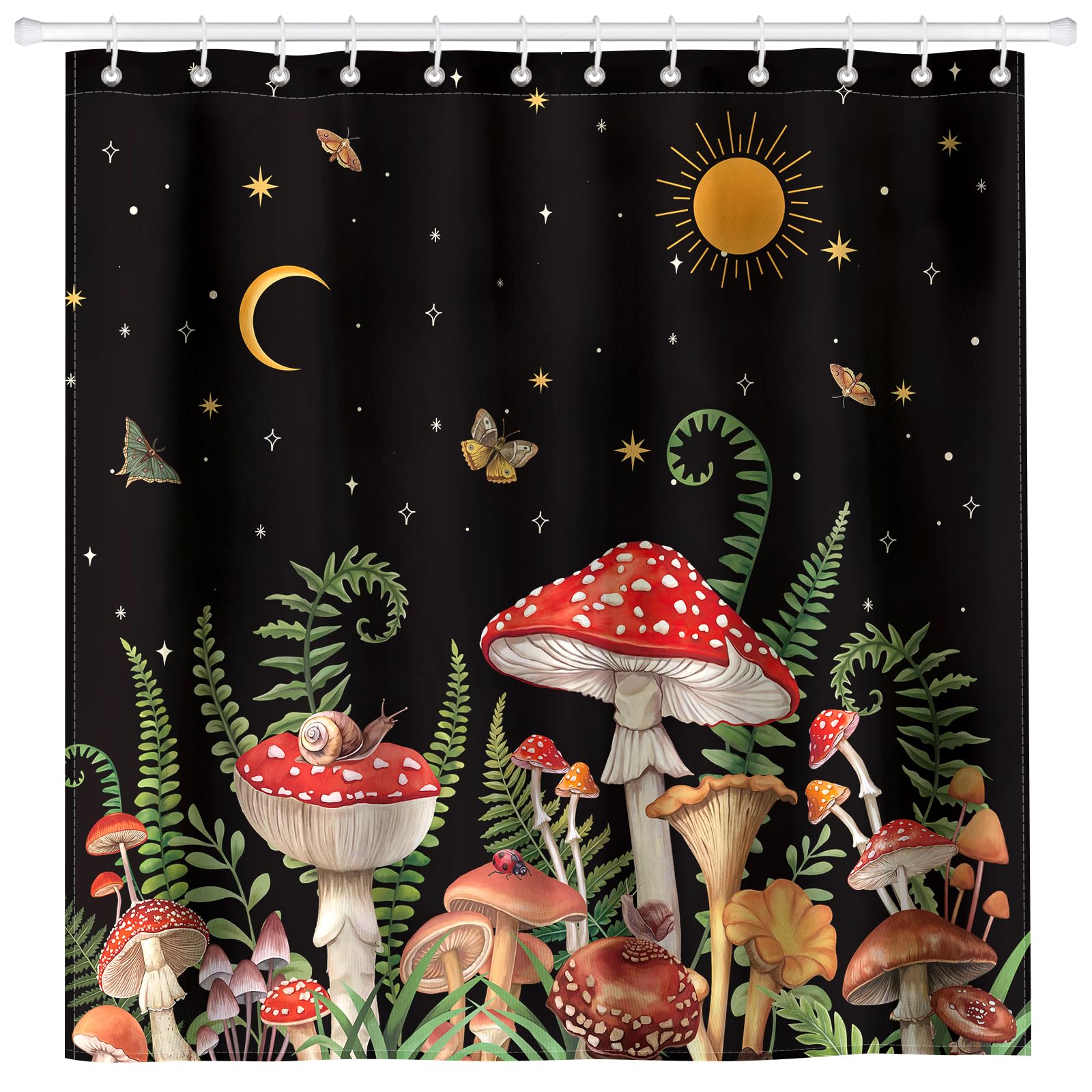 Arquiel Boho Dark Mushroom Shower Curtain Sets, Waterproof Polyester Fabric Vintage Botanical Plant Shower Curtains with 12 Hooks for Bathroom Home
