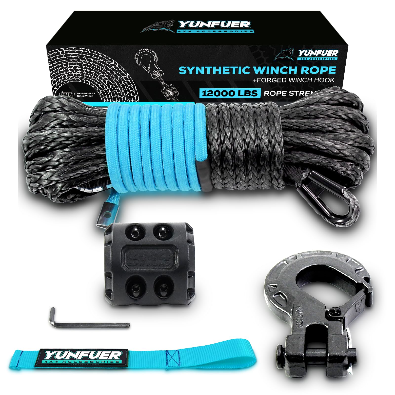 Synthetic Winch Rope Cable Kit 1/4" X 50' - 10000LBS Winch Line Rope Protective Sleeve Hook Rubber Stopper 4x4 Road Vehicle Atv Utv Polaris Utv
