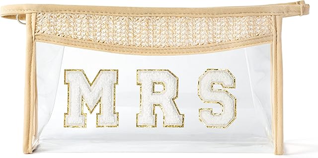 GROBRO7 Clear Toiletry Bag Patch MRS Varsity Letter Bag, Boho Beige Waterproof PVC Travel Cosmetic Bags with Zippers for Makeup Washing Nursing, Easy to Carry Business Trip Holiday Essentials