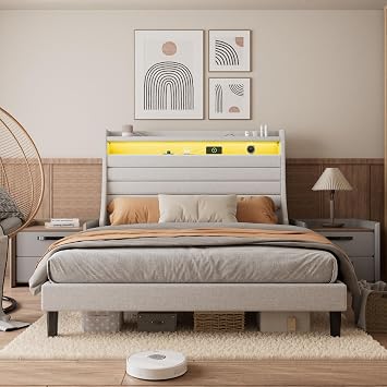 Queen Size LED Bed Frame with Charging Station, Wooden Platform Bed Frame Queen Size with Upholstered Headboard and Wooden Slat Support, No Noise, No Box Spring Needed, Easy to Install - White
