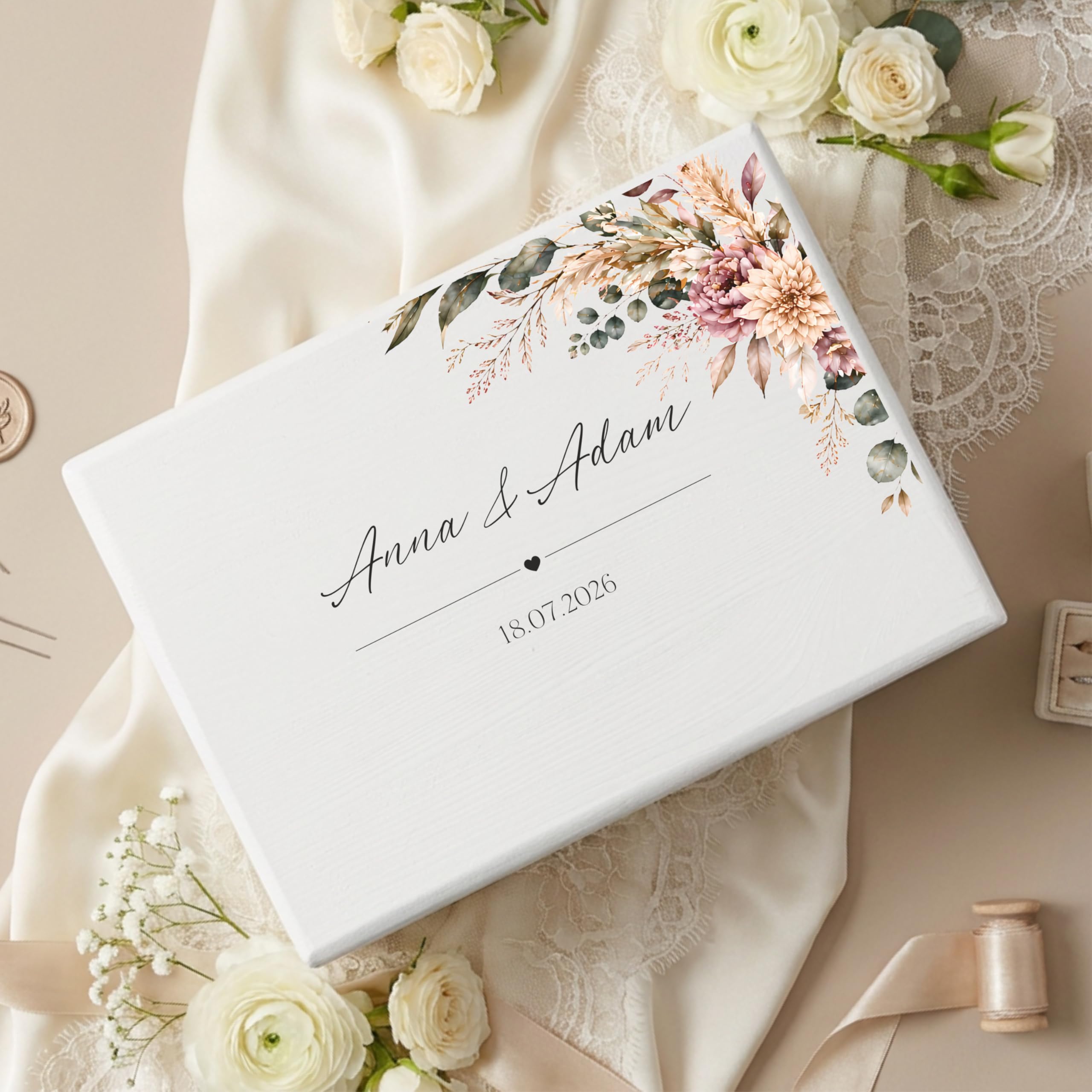 Creative DECO Personalizada Caja de Regalos Originales para los Novios Boda | Regalo Blanca | Caja Madera de Recuerdos Especiales | Parejas Aniversario Matrimonio | Motivo Flores Nombres Fecha