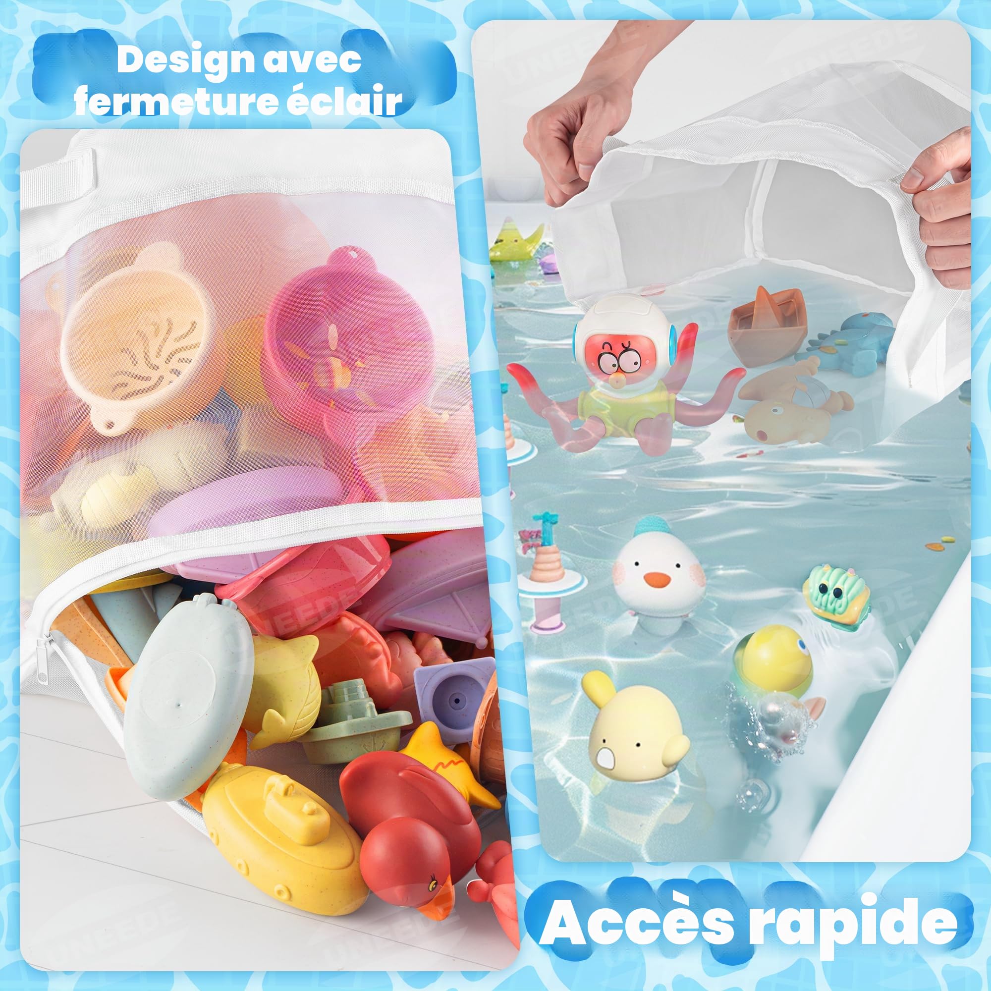 UNEEDE Rangement Jouet Bain, Filet Jouet Bain Bebe, Organiseur de Jouets de Bain avec 4 Crochets Adhésifs, Rangement Jouet Baignoire, Filet Jouet Bain de bébé, Rangement de Jouets de Bain pour bébé