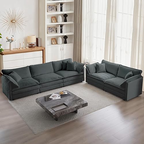 Miniatura 11 de mikibama Conjunto de sofá de 2 piezas de lujo, 2 piezas de sofá loveseat, conjunto moderno de sofás de chenilla cómodos en forma de nube para sala