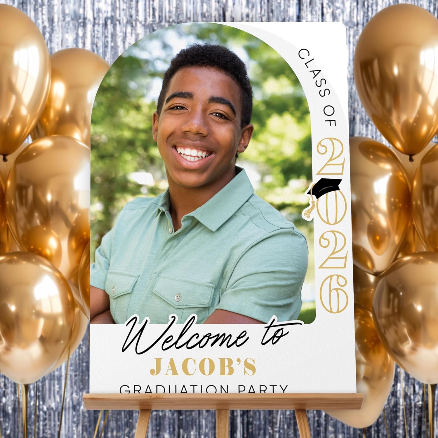 Big Dot of Happiness Custom Photo Black & Gold Graduation Welcome Sign, Personalized Class of 2026 Grad Party Decor, Image & Name Tabletop Signage, Premium Matte Plastic Board, 11 x 17 inches