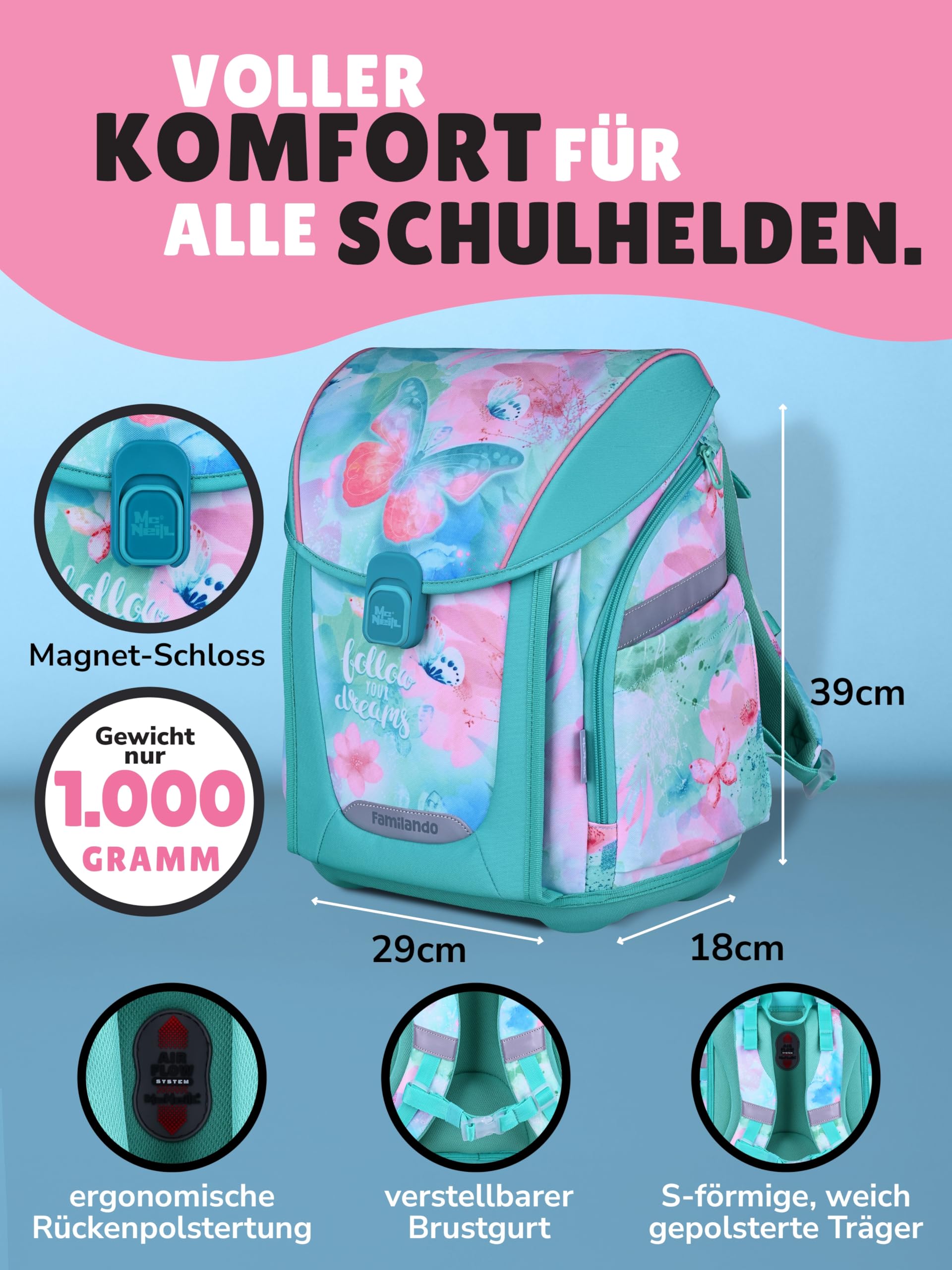 Familando - Premium Schulranzen Set - 10-teilig mit Schultüte - Butterfly (Schmetterlinge) - Ergonomisch, stabil & mit gepolstertem Rücken - 1000g - 20L Volumen - Mit Reflektoren - ab 1. Klasse