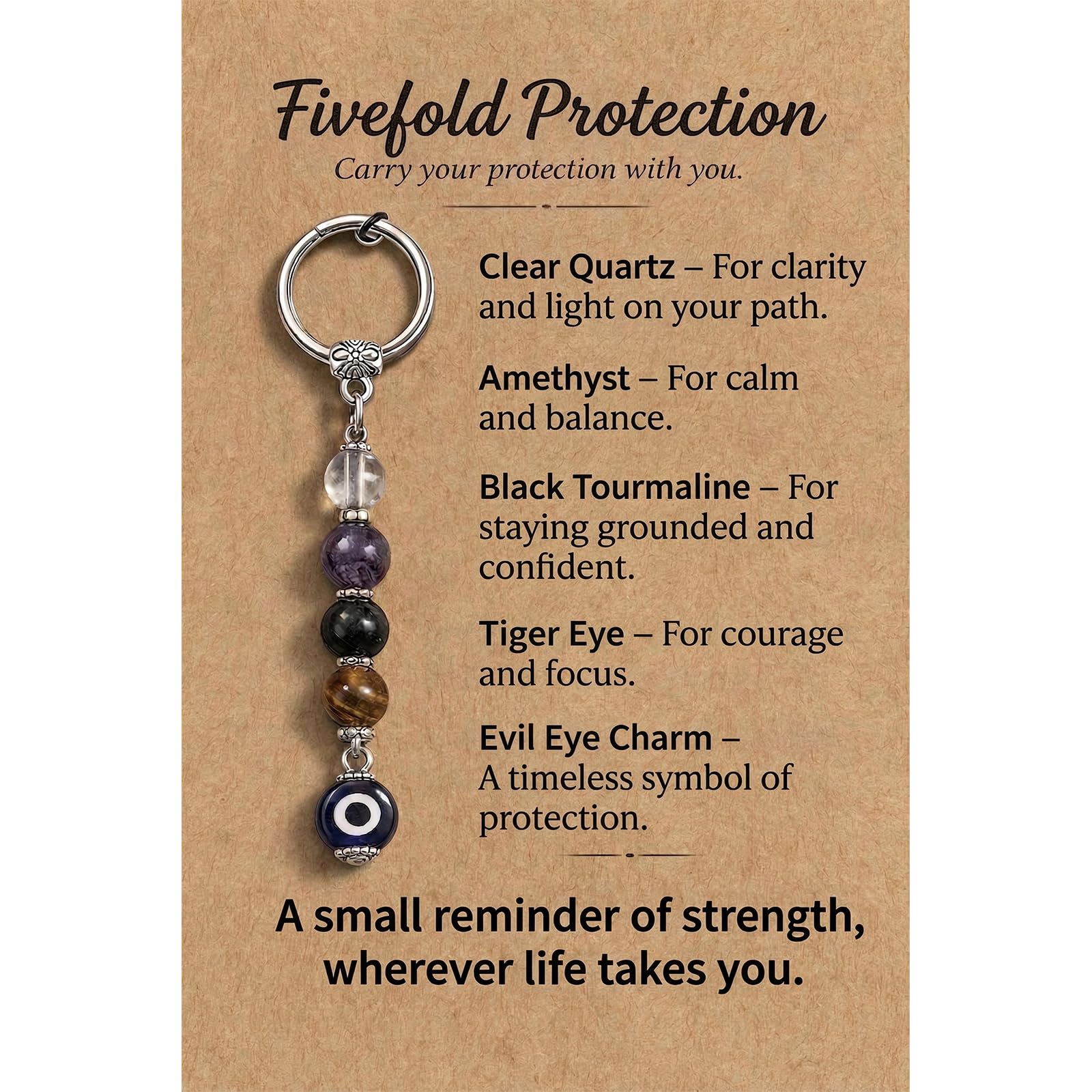 Virelle Unisex Brown Fivefold Protection Crystal Keychain With Evil Eye Charm, Crystal Gifts For Women Men, Spiritual Keyring With Clear Quartz, Amethyst, Black Tourmaline & Tiger Eye, Encouragement Gift