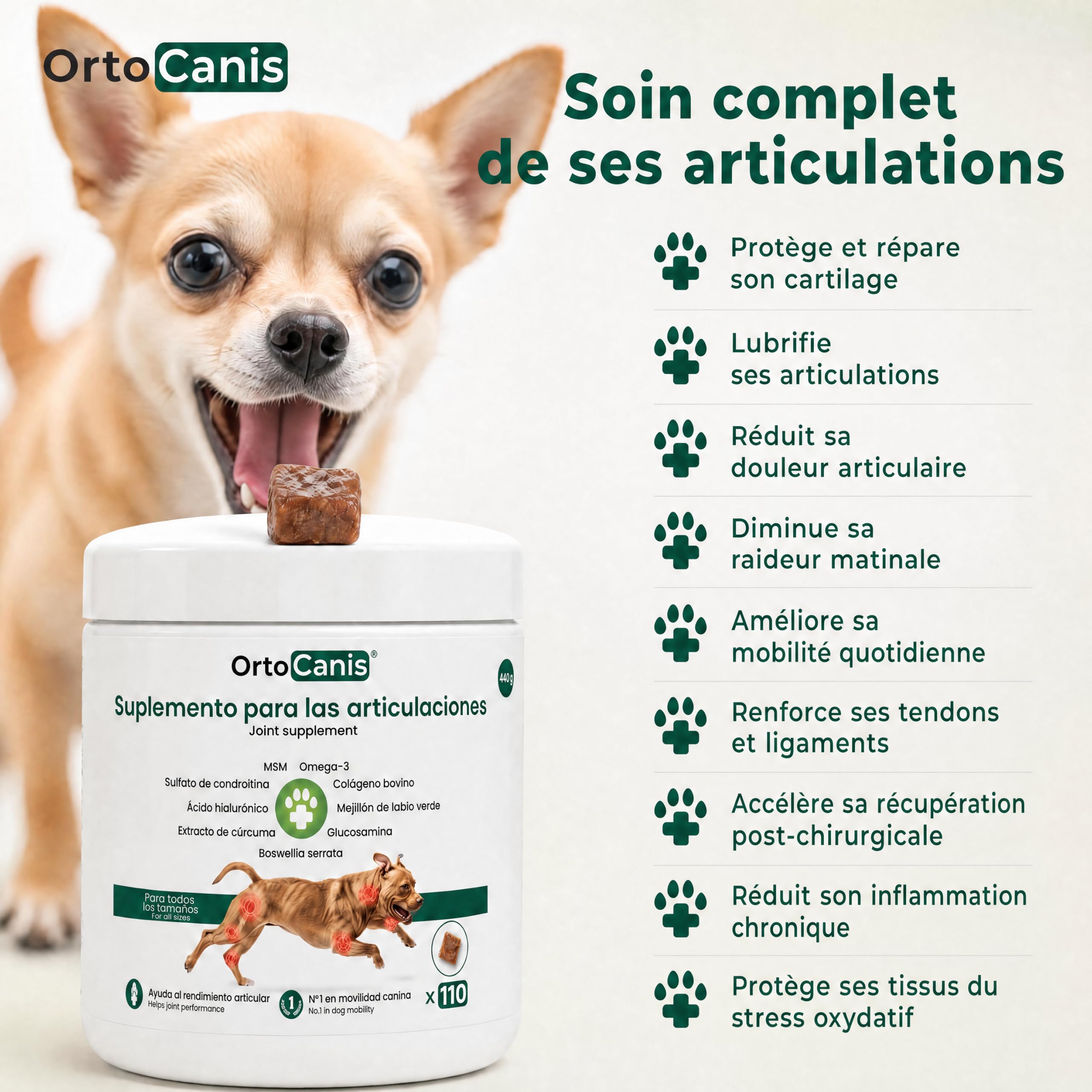 Supplément chondroprotecteur anti-inflammatoire pour chien Ortocanis - 13 ings. Actifs : glucosamine, chondroïtine, MSM, oméga-3 EPA + EVA, curcuma, boswellia serrata, collagène, vitamine E et C