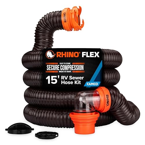 Camco RhinoFLEX 15-Ft RV Sewer Hose Kit - Features Clear Elbow Fitting w/Removable 4-in-1 Adapter - Connects to 3” Slip or 3”/3.5”/4” NPT Threaded Sewer Connection (39770)