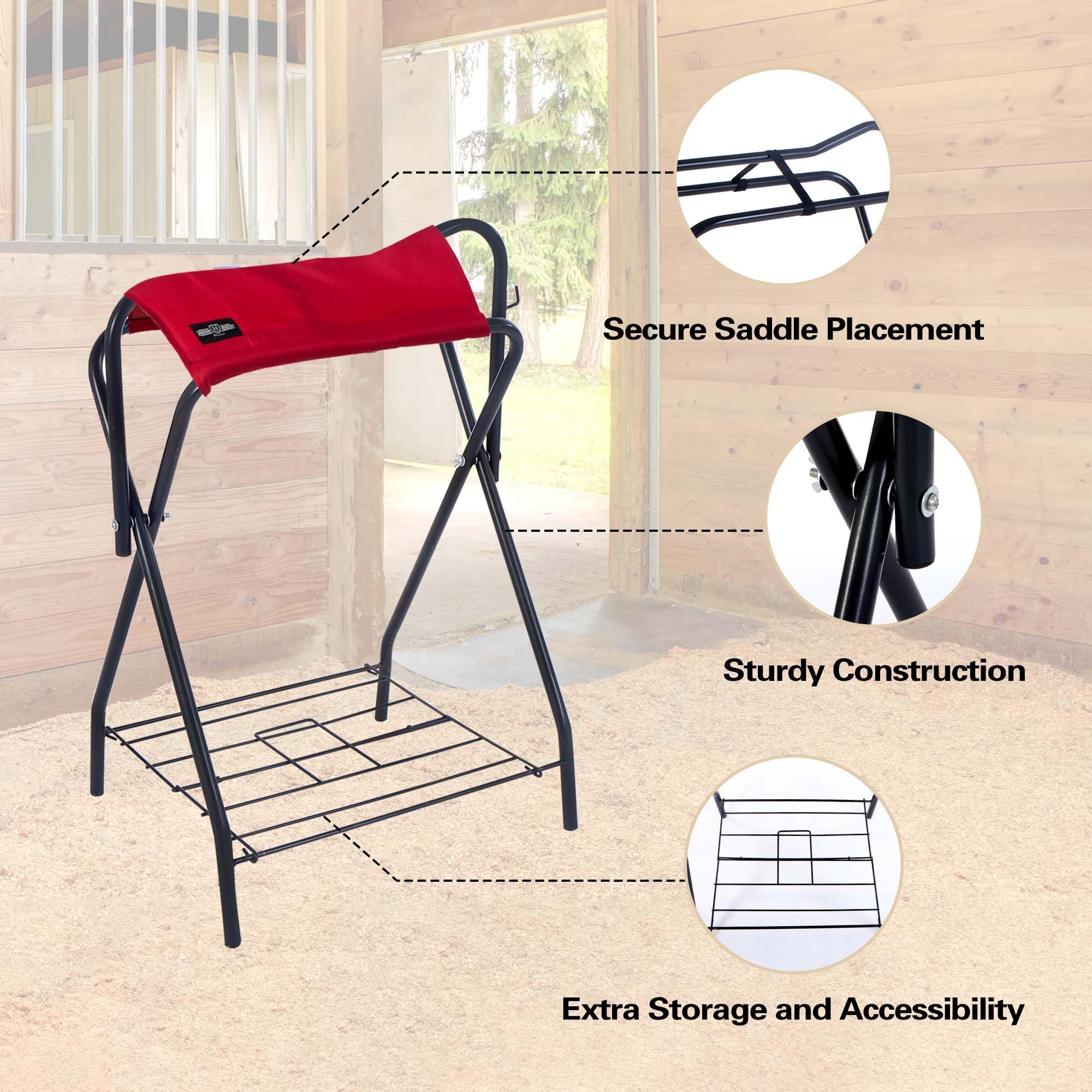 AJ Tack Freestanding Portable Horse Saddle Rack With Navy Blue Western Saddle Cover AJ Tack Freestanding Portable Horse Saddle Rack With Navy Blue Western Saddle Cover