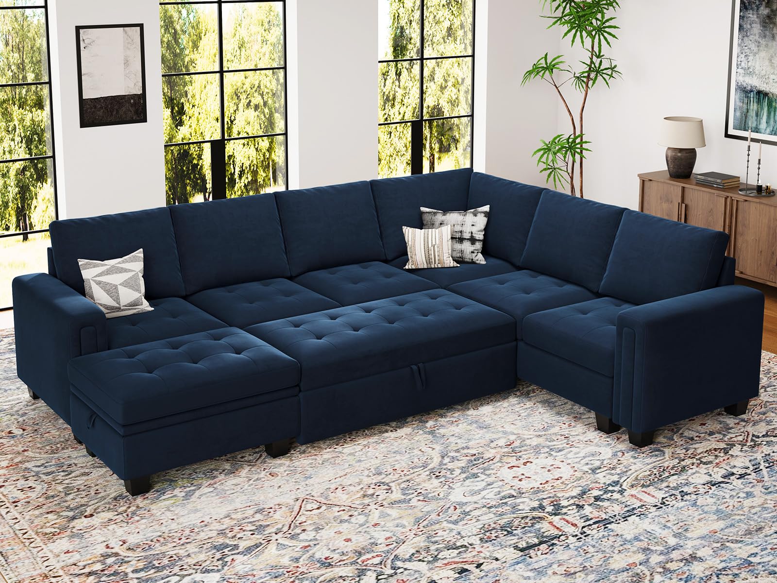 Belffin Modular Sectional Sleeper Sofa with Pull Out Bed U Shaped Sectional Sofa Couch with Storage Ottoman Velvet Covertible 7-Seater Sofa for Living