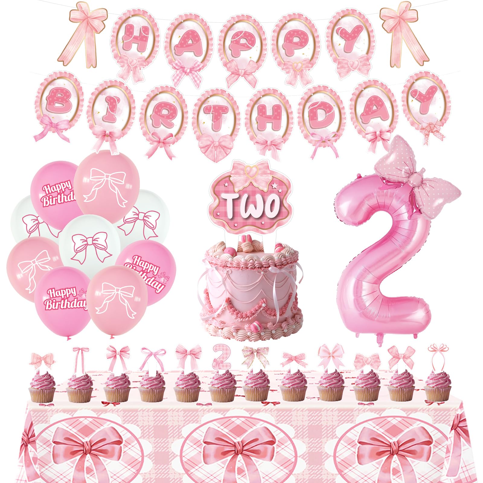 Sweet Girl 2nd Birthday Party Decorations,Pink Bow Party Supplies for Kids Second Birthday Includes Banner,Tablecloth,Cake Cupcake Toppers,Number 2 Bow Balloon,Latex Ballonns for 2 Year Old Party