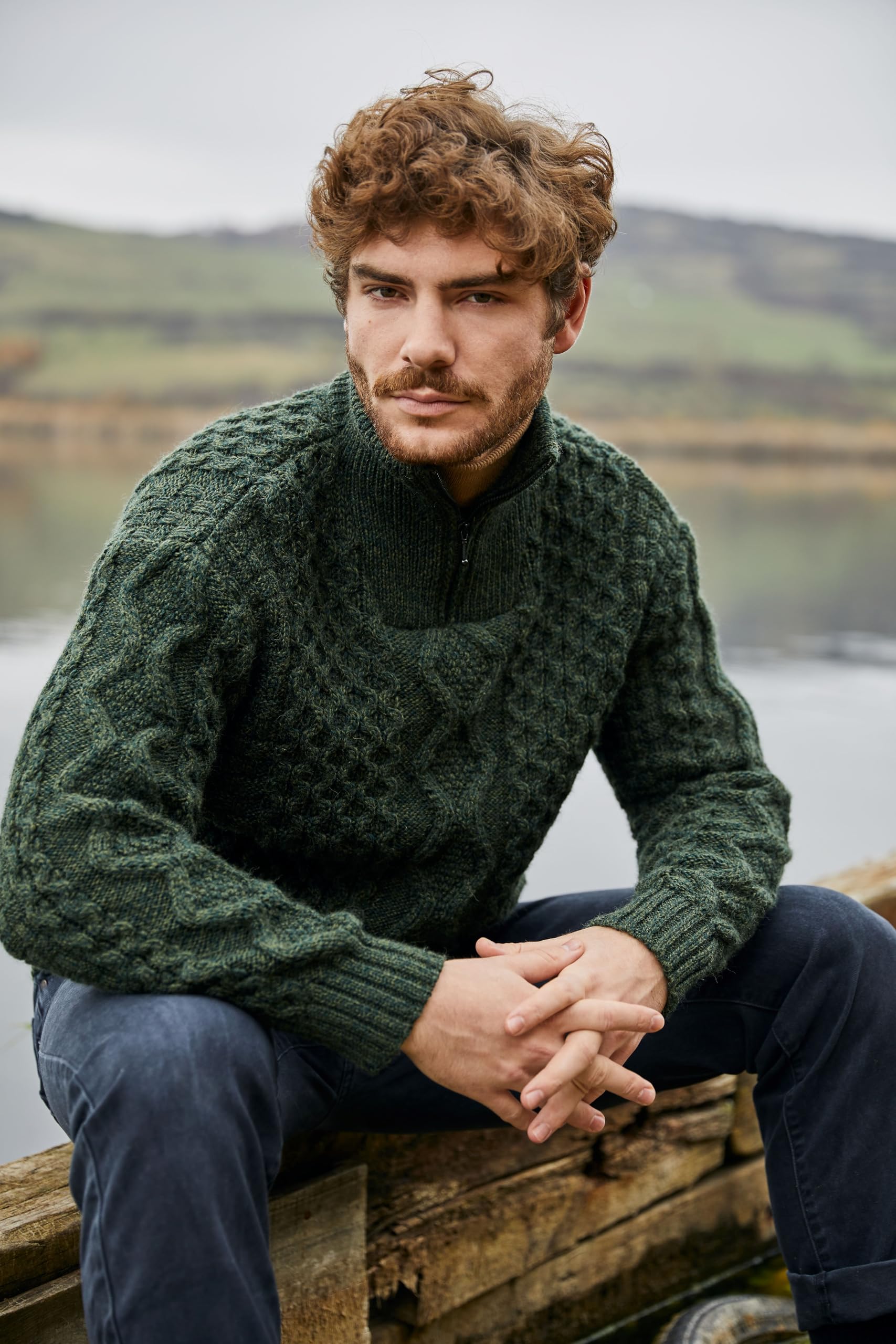 SAOL Aran - Maglione da uomo in lana con collo a zip, per pescatori irlandesi, prodotto in Irlanda