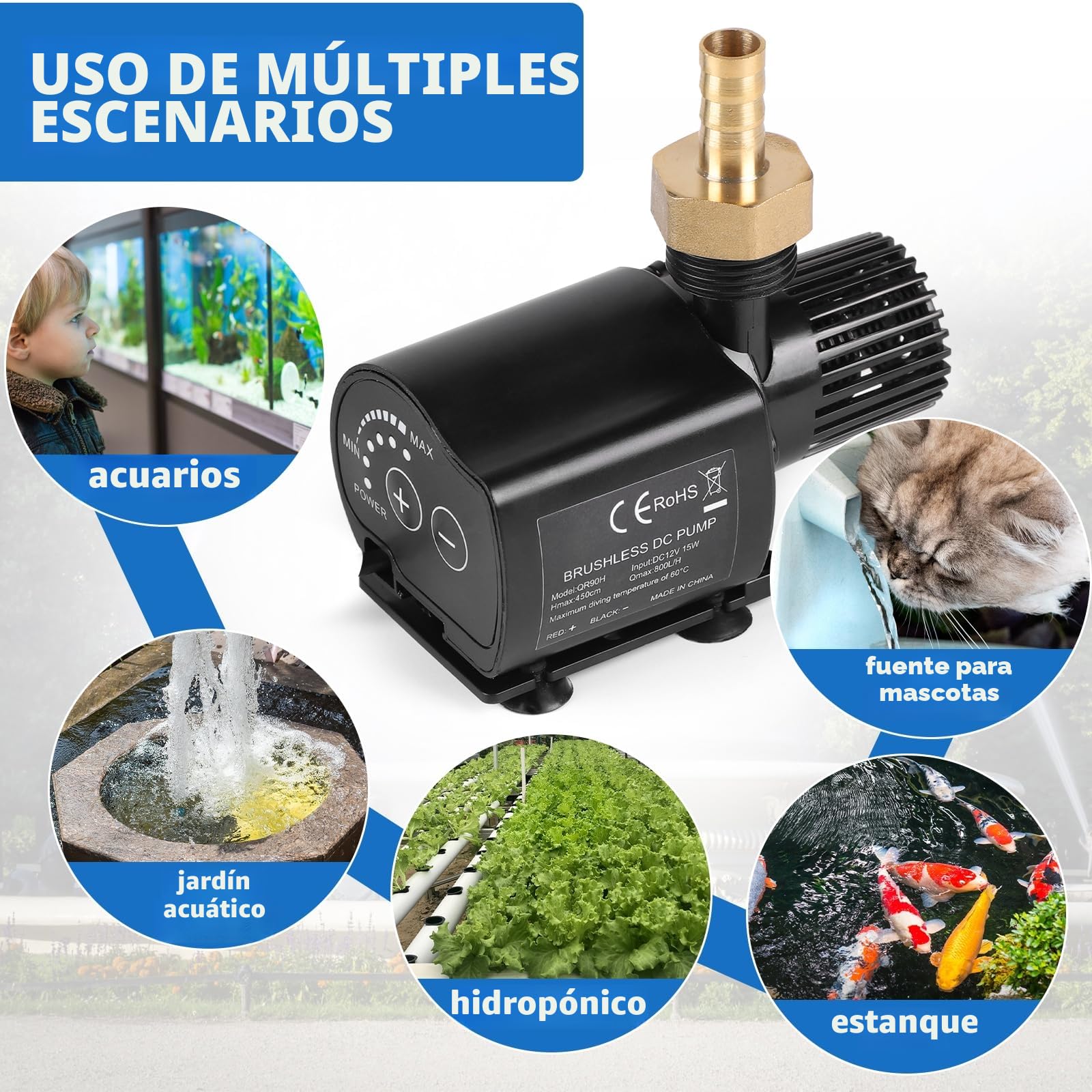 SWAWIS Bomba de Agua Sumergible 12V 800L/H 4,5M con Control de Velocidad y Adaptador de Red