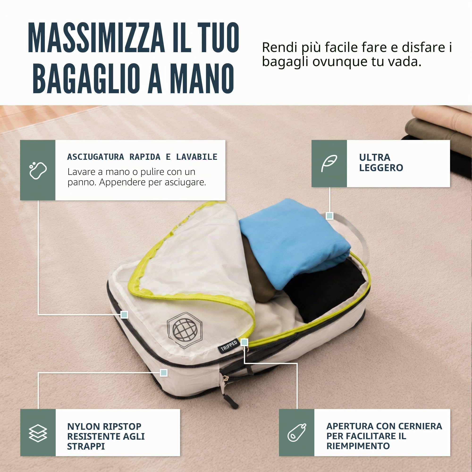 TRIPPED Travel Gear Compressione dell'imballaggio Set di cubi per durevole del viaggio-leggero Carryon borse Organizer con doppia cerniera di