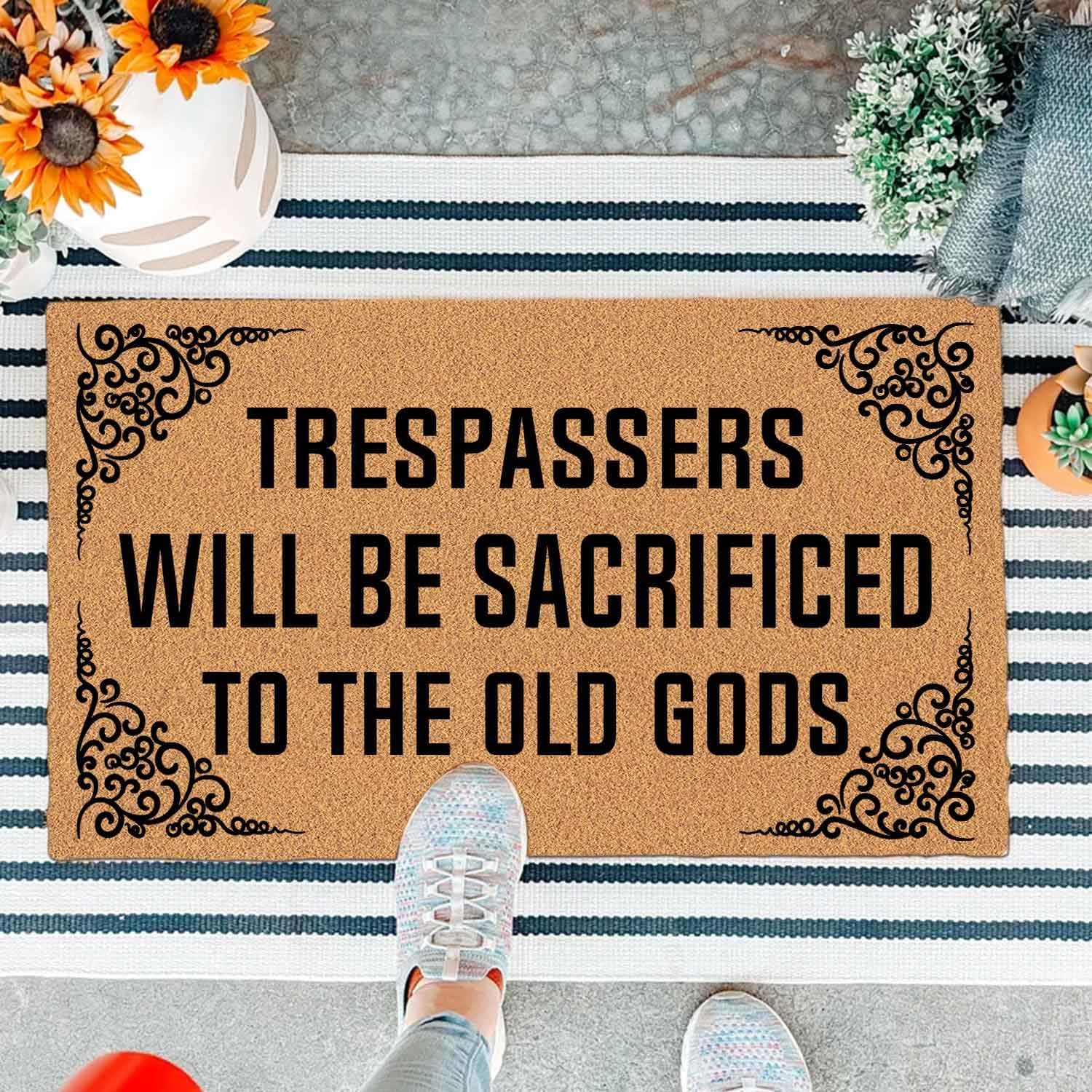 Funny Fantasy Doormat - Sacrificed to Old Gods Warning Welcome Mat, 29.5" x 17" Non-Slip Rubber Backing, Dark Humor Entryway Rug, Durable Outdoor Indoor Floor Decor