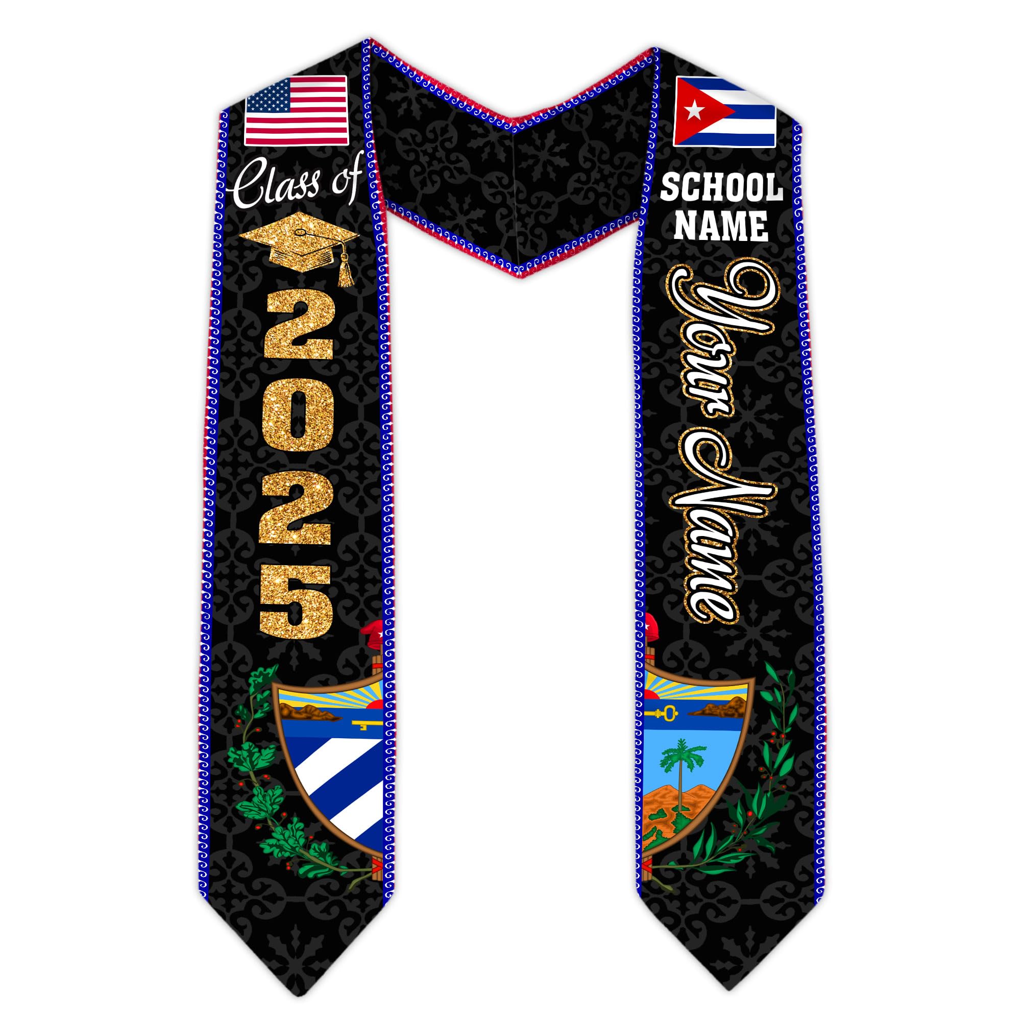 MonkeyVan Custom Cuba Graduation Sash 2025, Personalized Cuban American Flag Graduation Stole, Custom Cuba Graduation Stole S130