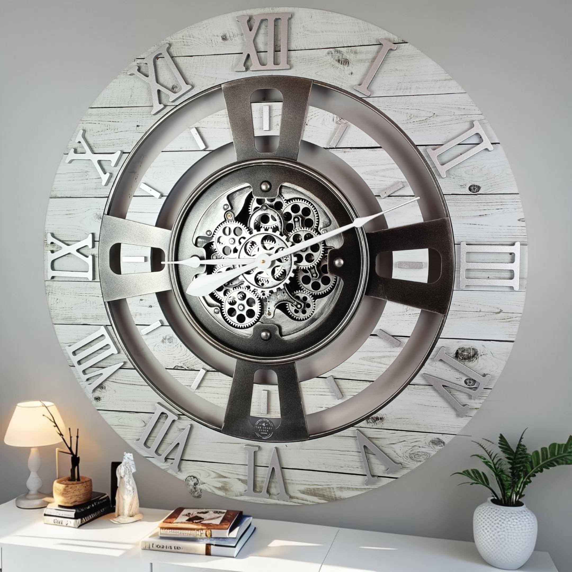 ImprovingLife The Gears Clock Real Moving Gear Wall Clock England Line (White Farmhouse, 24 inches (60 cm))