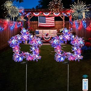 2 Pack July 4th American Flag Solar American Flag Lights July 4th Solar Patriotic Flag Lights, 8 Modes Garden Pile Lights 50 LED Garden Landscape Lights Street Lights (Red White & Blue)