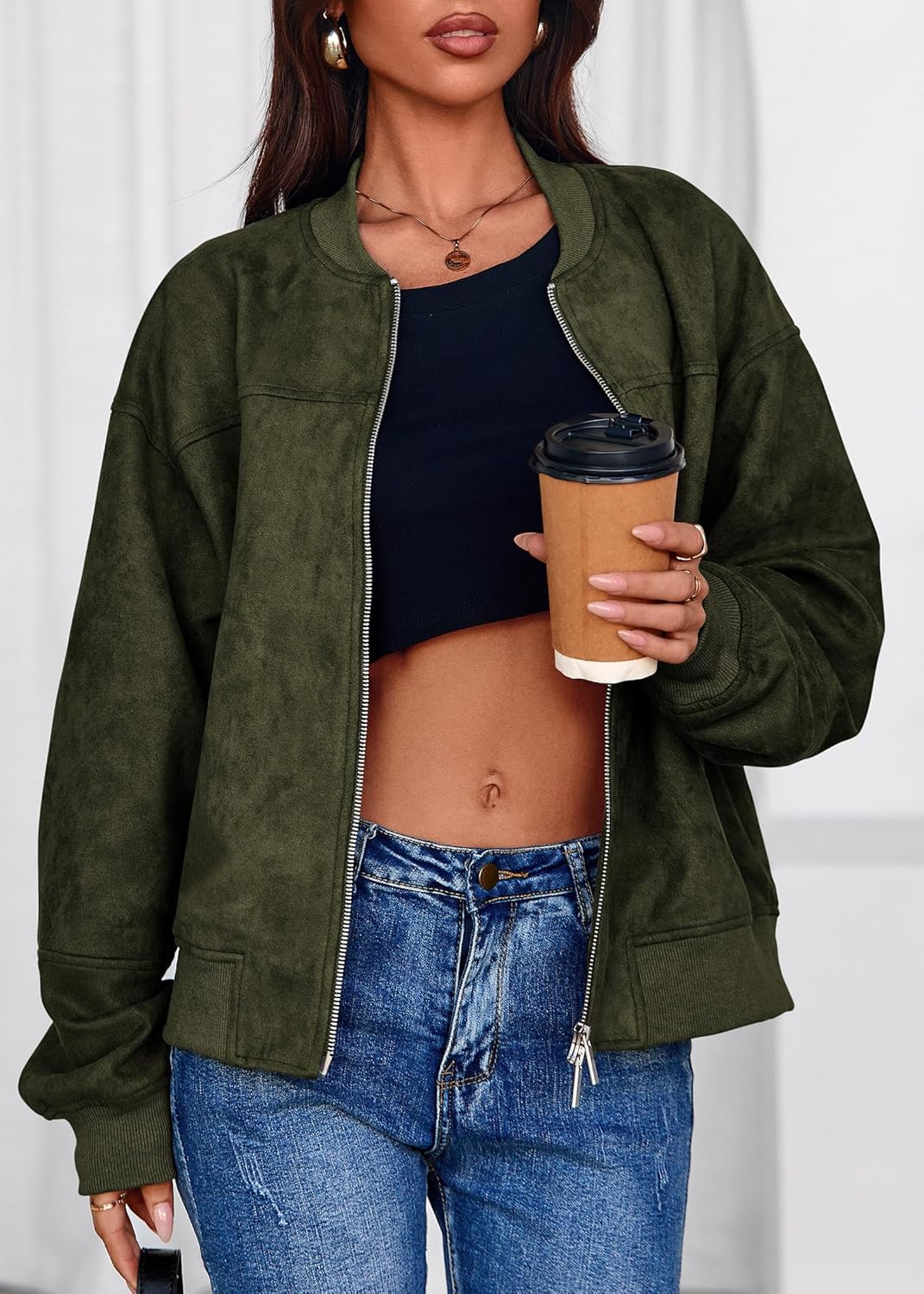 Lazysmile Women's Faux Suede Bomber Jackets Fall Fashion Outfits Winter Clothes Stand Collar Zip Up Coats Outwear - Image 3