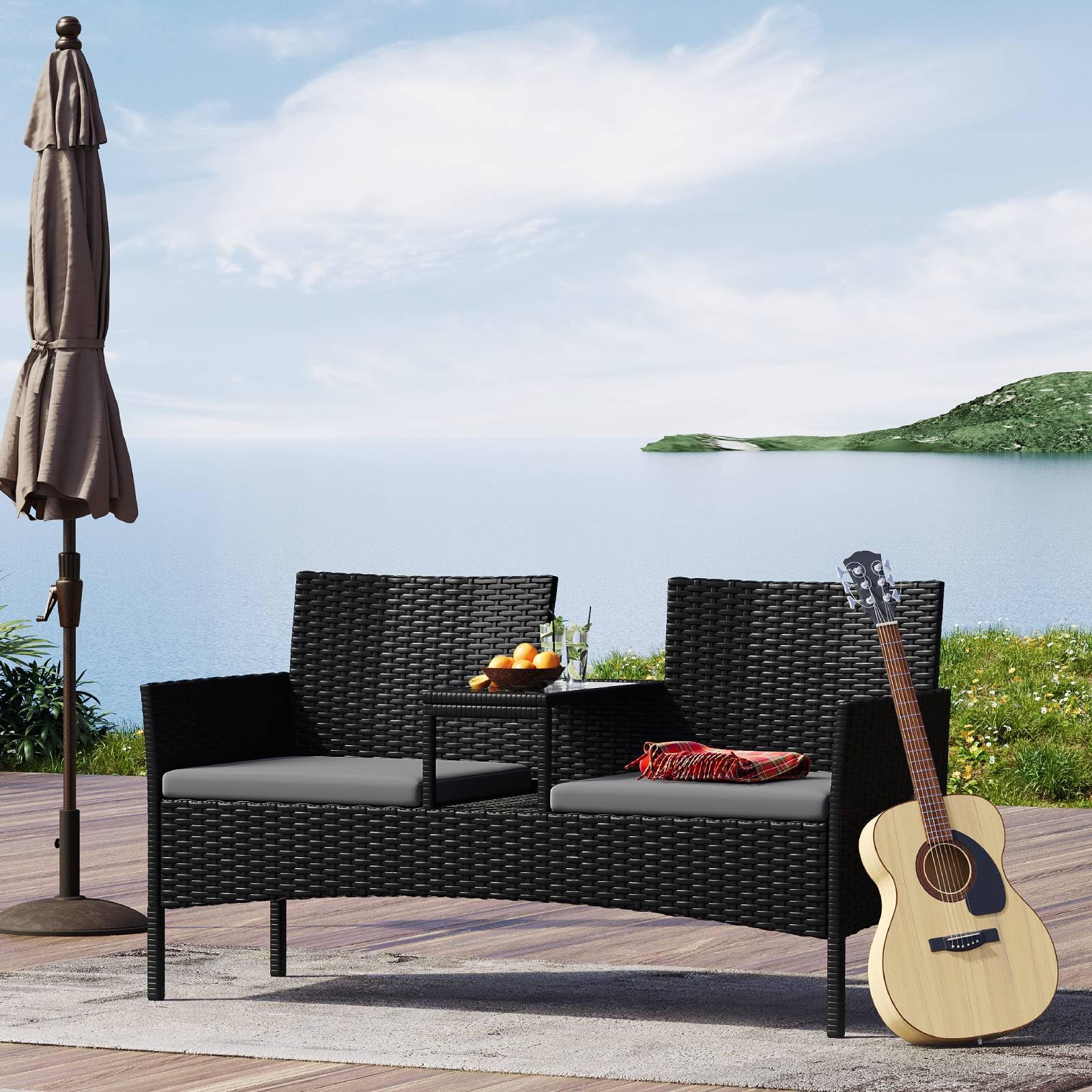 Aoxun 2 Seater Rattan Garden Bench, Wicker Loveseat Partner Companion Seat with Table and Cushions, Weatherproof Patio Furniture Set for Balcony, Lawn, Backyard, Porch, Indoor Outdoor Furniture(DG) — image 1