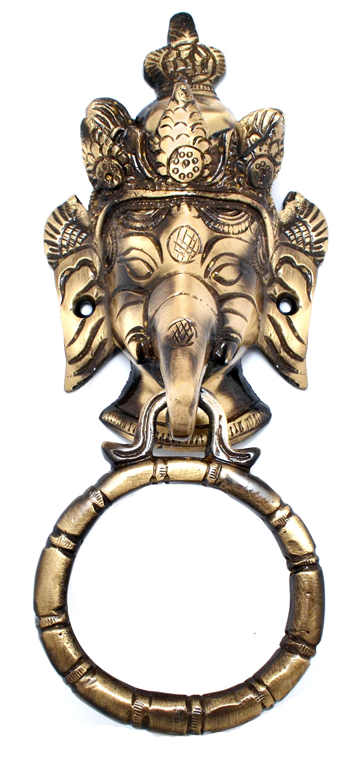Two Moustaches Crown Ganesha Brass Door Knocker, Front and Main Doors, Pooja Room, Dimensions: Length: 3.5 inches (8.7 cm), Width: 2 inches (5 cm), Height: 8 inches (20 cm) 2