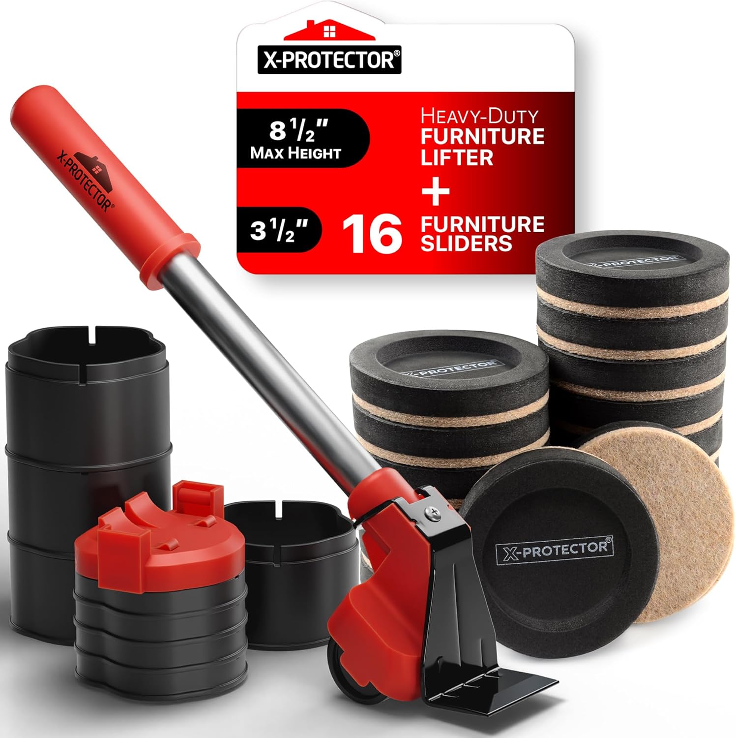 Felt Sliders & Furniture Lifter Set - 4 Heavy-Duty Sliders & Adjustable Jack For Hardwood Floors