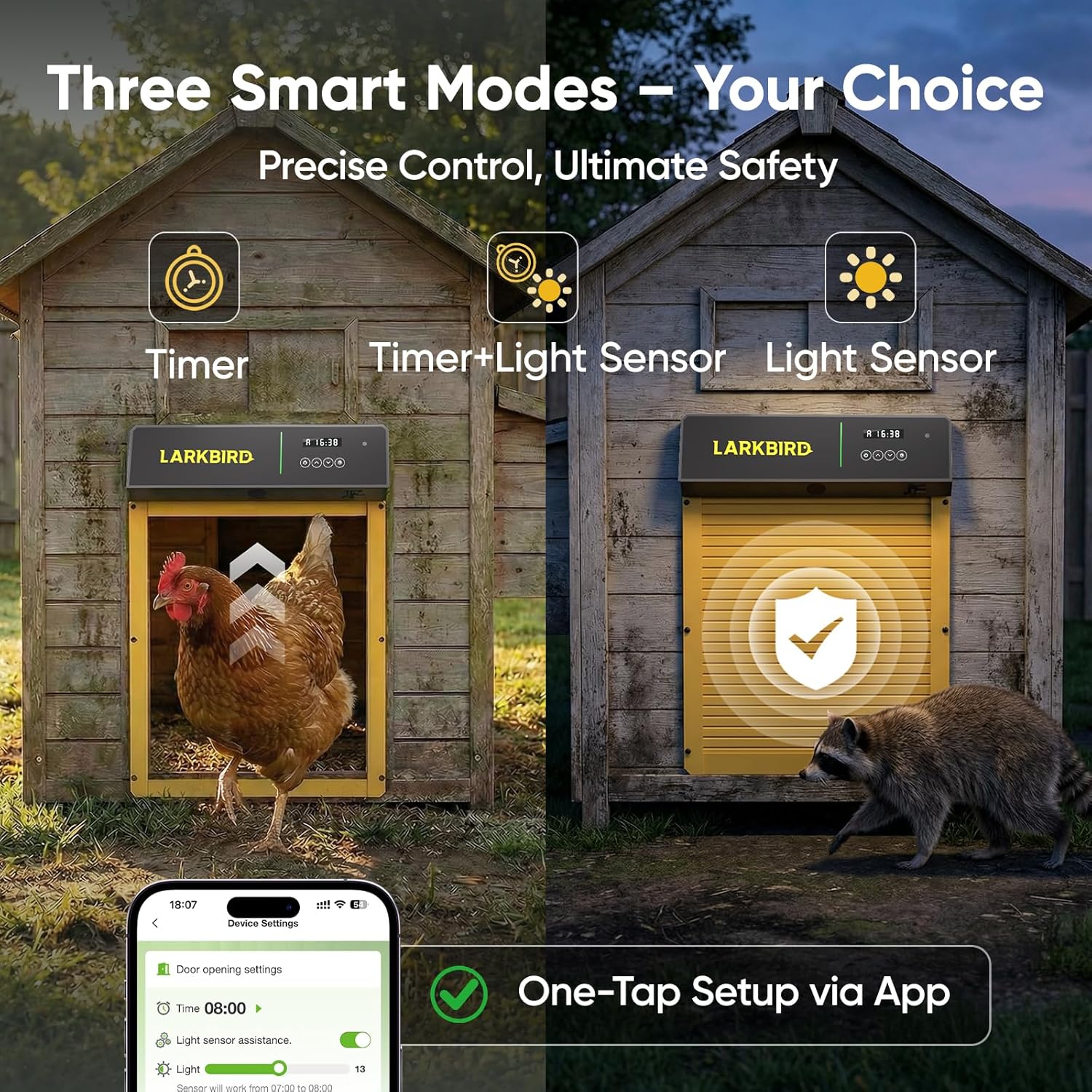 Larkbird Upgraded Automatic Chicken Coop Door Solar Powered, Auto Chicken Door with App Control, Custom Audio Recording, Timer & Light Sensor, Anti-Pinch Design