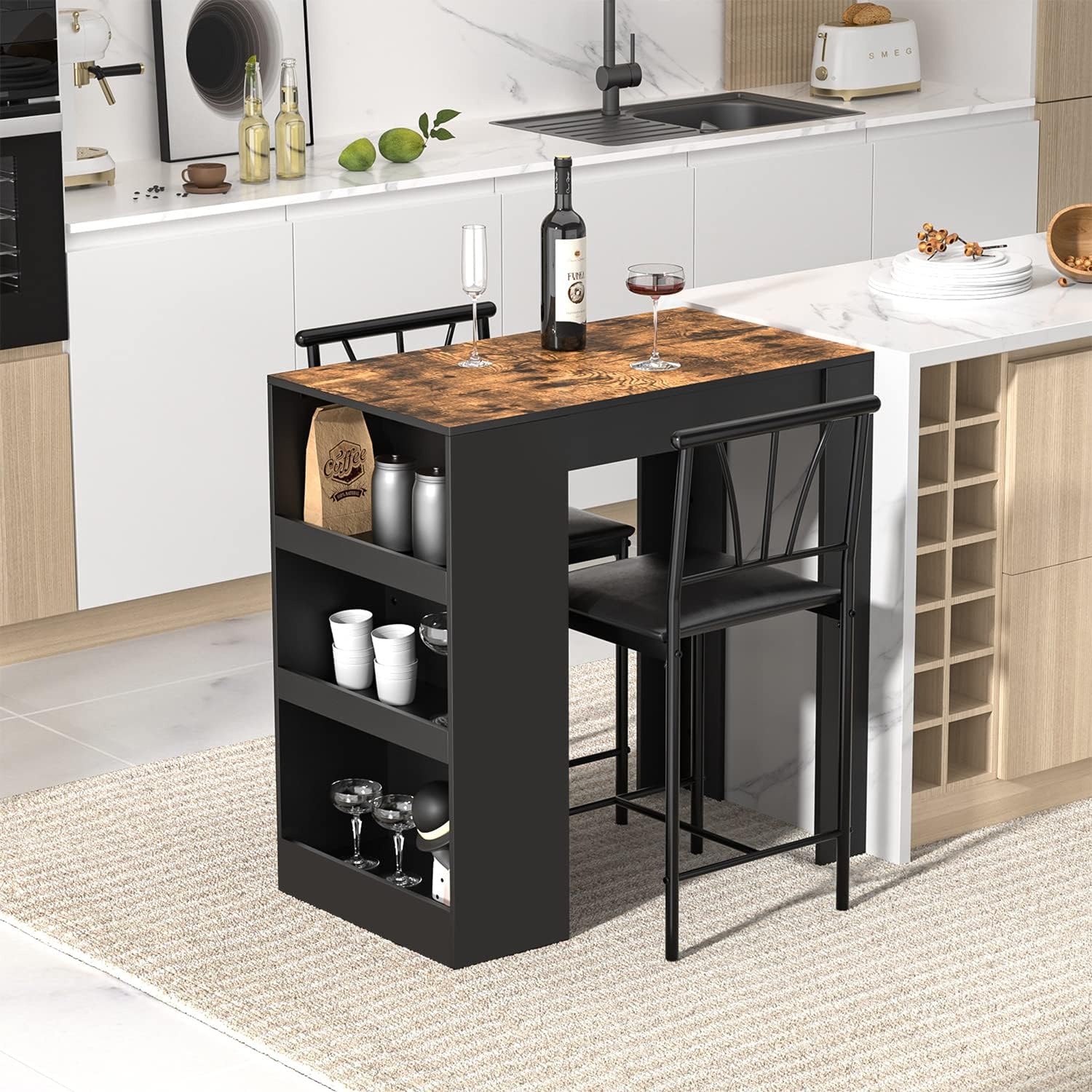 VECELO Ensemble Table de Bar Industriel avec 2 Chaises Rembourrées, Table avec 3 Étagères de Rangement pour Salle à Manger, Cuisine, Salon, Bistrot, Marron