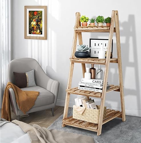 Miniatura 2 de ECOMEX Estante de escalera - Organizador de almacenamiento con estantes de madera rústica de 4 niveles, elegante y funcional soporte para plantas de