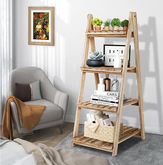 ECOMEX Ladder Shelf - Storage Organizer with Rustic Wood 4 Tier Shelves, Stylish and Functional Indoor Plant Stand and Bookshelf for for Living Room, Bedroom, Home Office, Laundry(Light Brown)