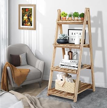 ECOMEX Ladder Shelf - Storage Organizer with Rustic Wood 4 Tier Shelves, Stylish and Functional Indoor Plant Stand and Bookshelf for for Living Room, Bedroom, Home Office, Laundry(Light Brown)
