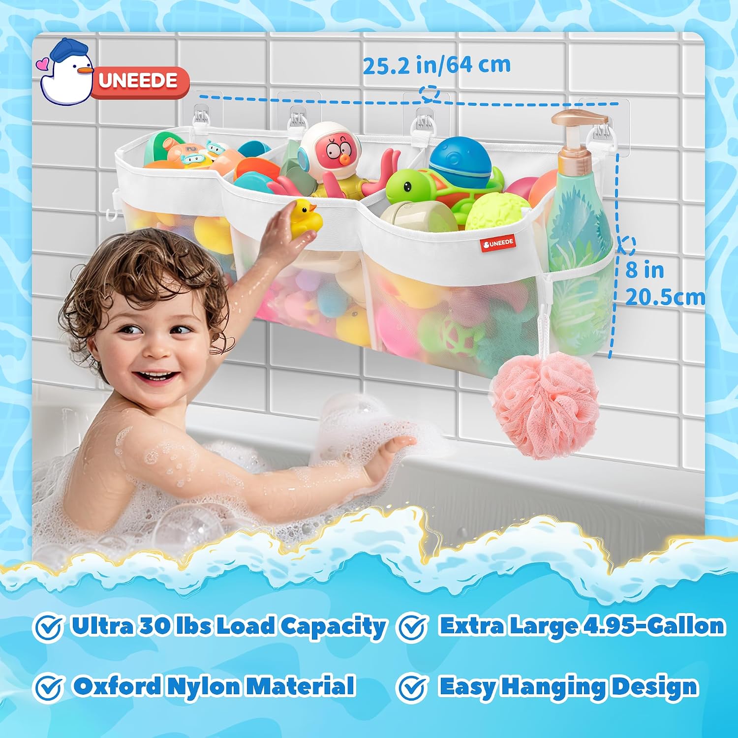 UNEEDE 4.95 Gallons 3 Compartment Horizontal Bath Toy Storage