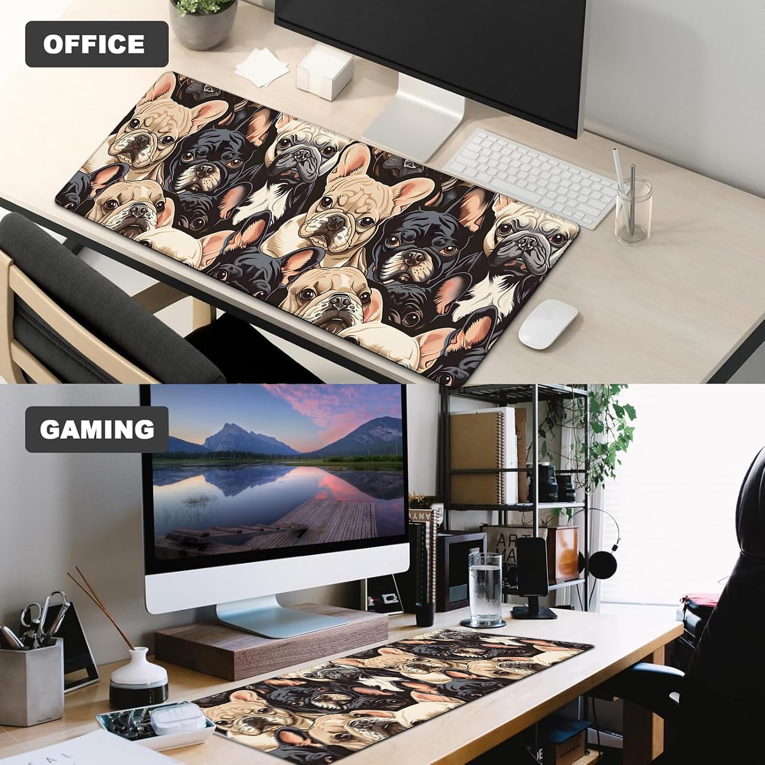 Cute Dog Gaming Mouse Pad,12x31.5in Non-Slip Rubber Puppy Desk Mat,Large Extended Mousepad for Office Home Laptop,Mice Pads Gifts,Game Lover Deskmat Decor (French Bulldog)