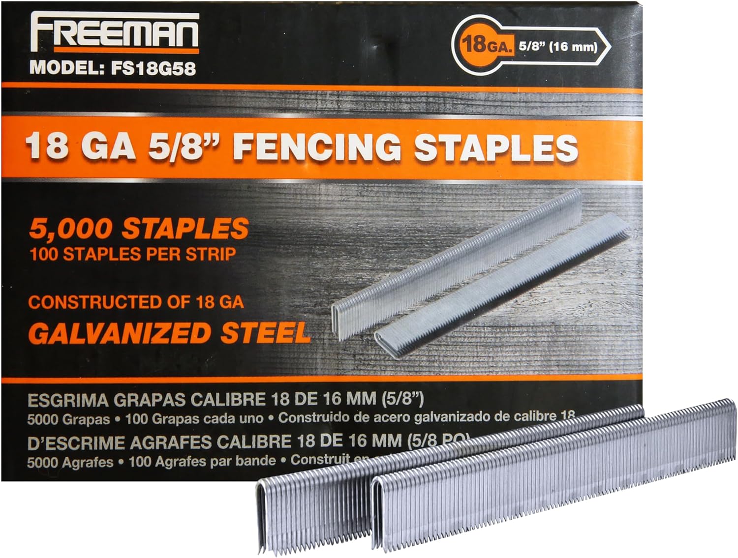 Freeman 18-Gauge 5/8" Fencing Staples | Glue Collated | Galvanized Steel | 5,000 Count | for Mesh, Trellising, Pet Enclosures, Snow Fencing & Livestock | Compatible with Freeman PFS18 | FS18G58