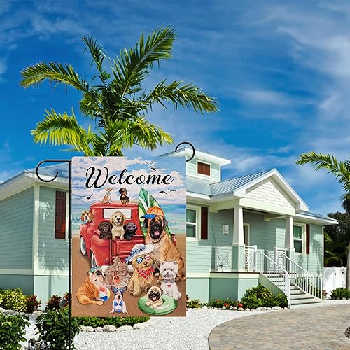 Miniatura 6 de Bandera de bienvenida para casa de playa de camión rojo de verano con perros de verano, de doble cara, para recoger cachorros de mar y océano azul,