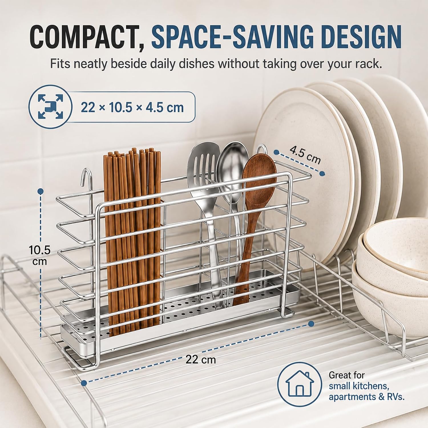 Kitchen Utensils Chopsticks Holder Drying Rack Basket with Hooks 3 Divided Compartments Quality Stainless Steel Large L8.7 X H4.33 X W1.77 image 2