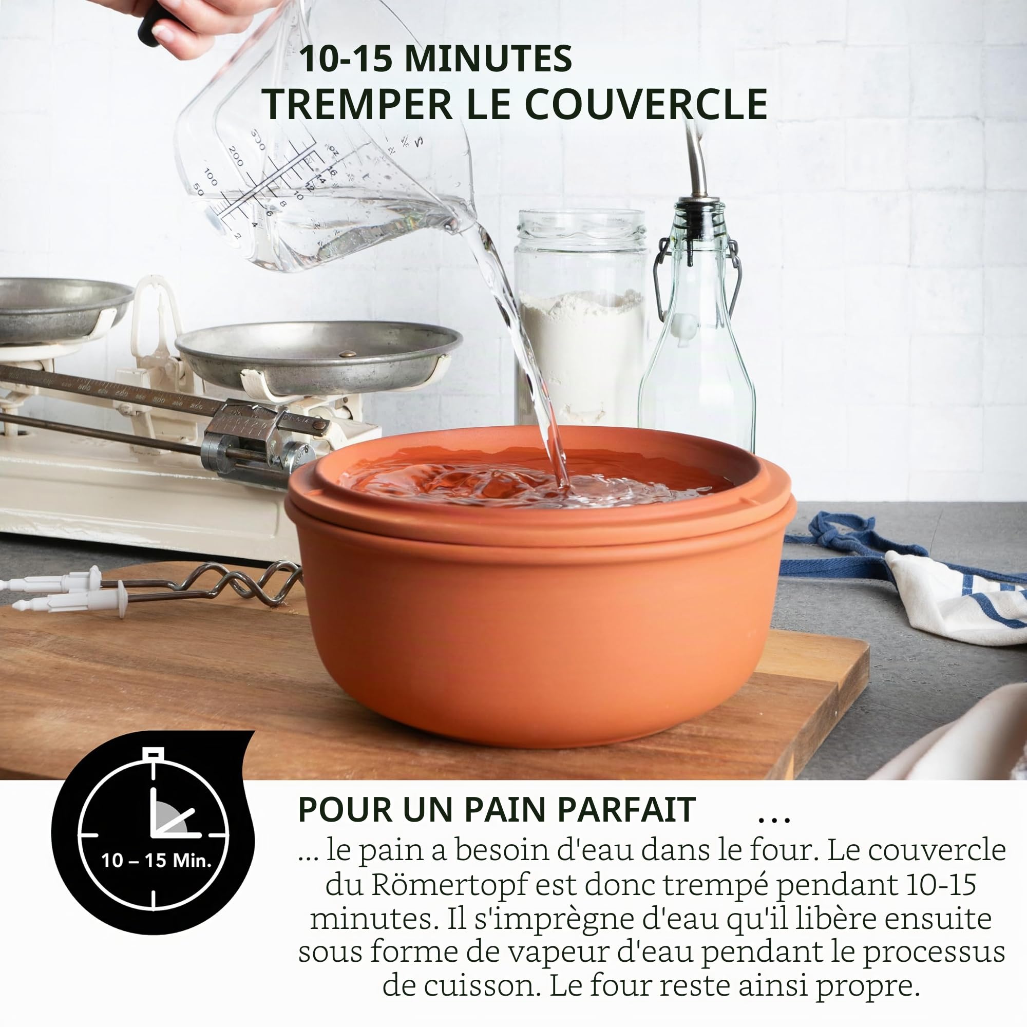 Römertopf Moule à pain en terre cuite Ø 23 cm, cocotte à pain pour une croûte croustillante, passe au lave-vaisselle, terre cuite