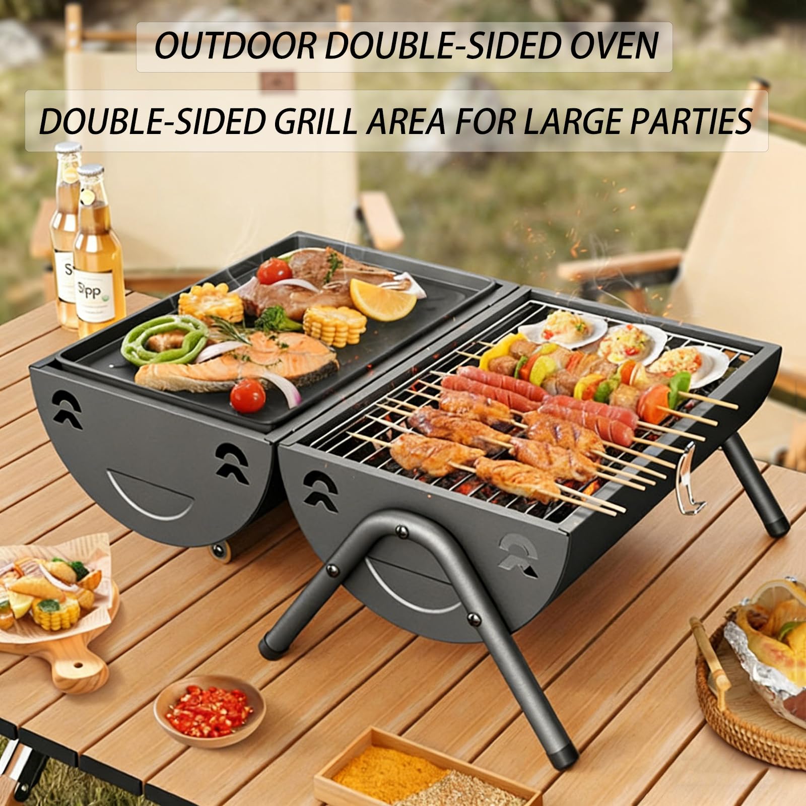 Przenośny grill na węgiel drzewny, składany grill na kemping, gotowanie na świeżym powietrzu, łatwa instalacja, dwustronna taca do smażenia na piknik, do ogrodu, na imprezy na plaży