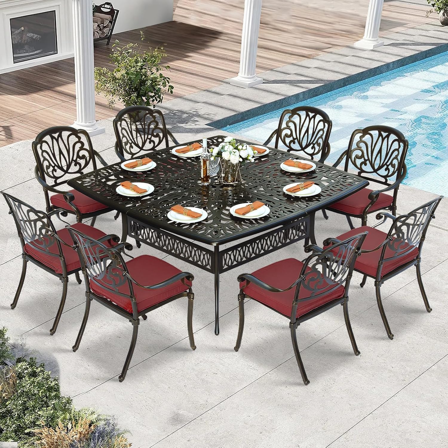 9 Piece Outdoor Patio Dining Set for 8, Cast Aluminium Large Square Dining Table & 8 Cushioned Stackable Chairs, Umbrella Hole, Patio Furniture Set for Garden Porch Poolside, Chili Red