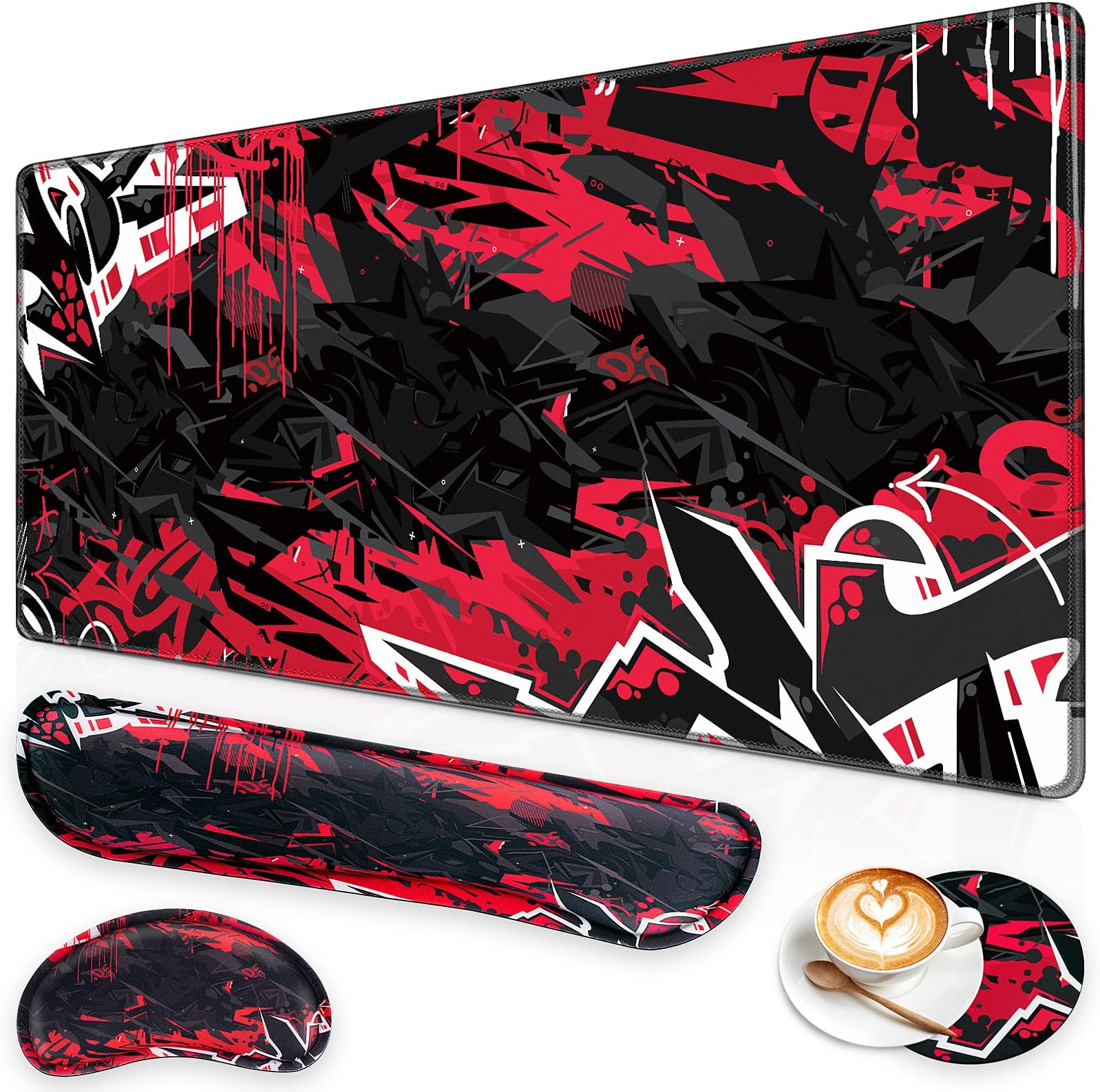 Canjoy Gaming Mouse Pad Set, 4-in-1 XXL Large Mouse Pad + Keyboard Wrist Rest Support+ Coaster, (35.4ร15.7 in) Extended Desk Pad Memory Foam Non-Slip Desk Mat for Home Office