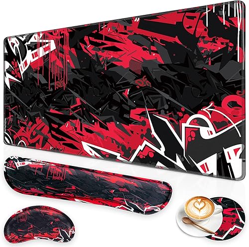 Canjoy Juego de alfombrillas de mouse para juegos, 4 en 1 XXL grande + reposamuñecas para teclado + posavasos (35.4 x 15.7 pulgadas), almohadilla de