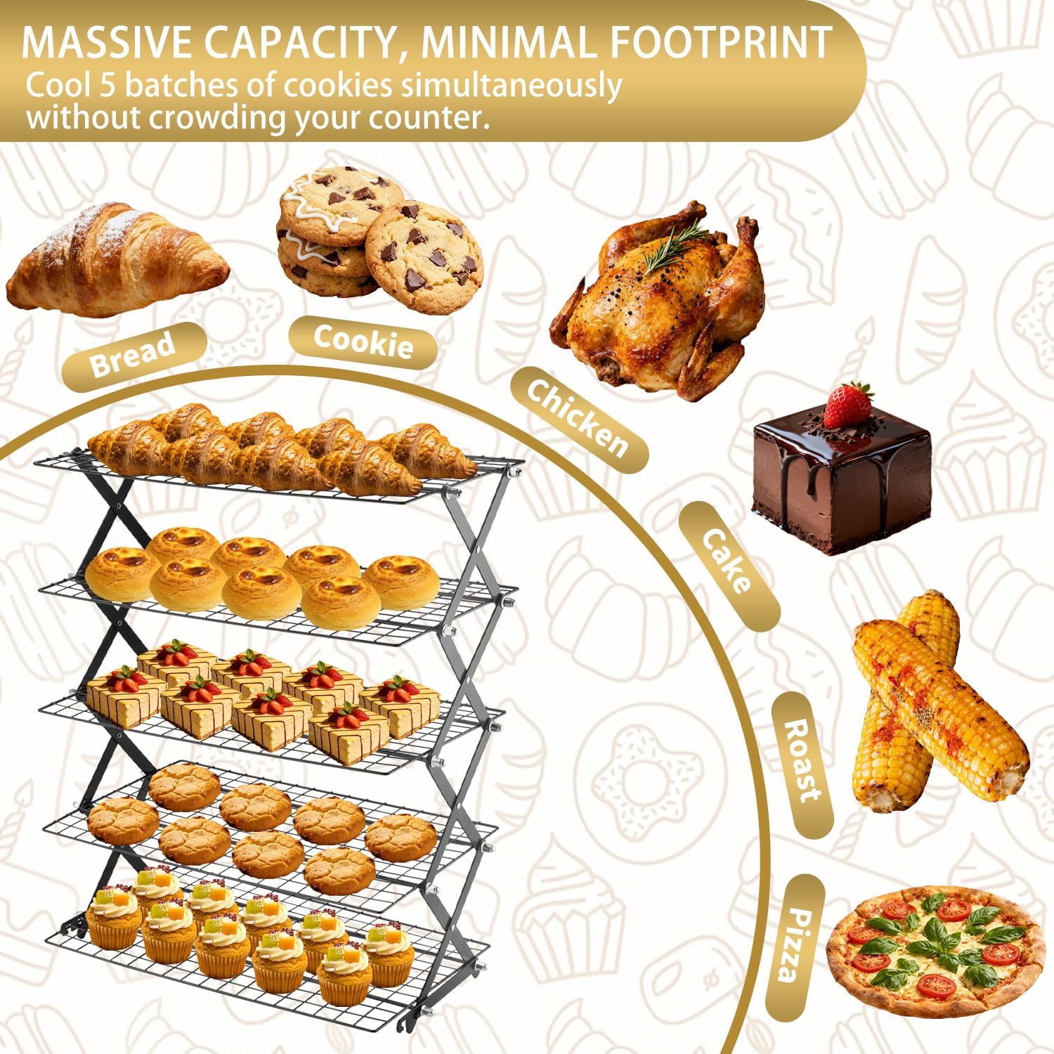 5-Tier Stackable Cooling Rack for Baking, Collapsible Wire Cookie Rack with Adjustable Heights, Non-Stick Roasting & Drying Rack for Cupcakes, Pies and Pastries, Space-Saving Kitchen Essential