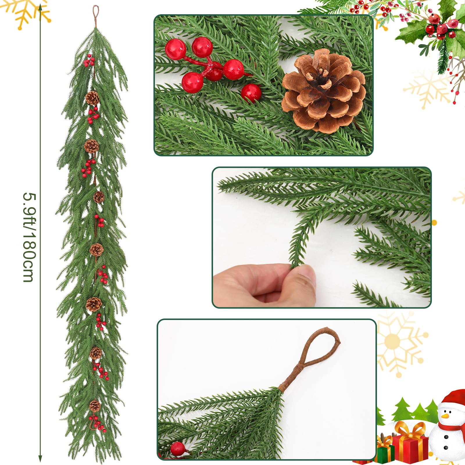 Lot de 2 guirlandes de Noël de 1,8 m avec Baies Rouges et Pommes de pin artificielles pour Sapin de Noël, Maison, Vacances, décoration