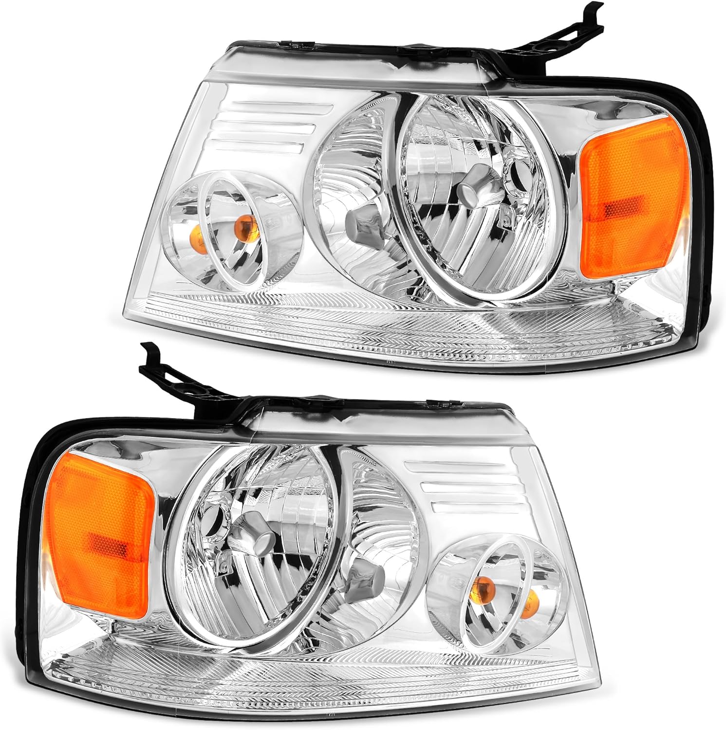 Headlight Assembly Compatible With 2004-2008 Ford F150 04 05 06 07 08 Ford F150 / 2006-2008 Lincoln Mark LT Head Lamp Assembly Driver And Passenger Side (Chrome Housing Amber Reflector)